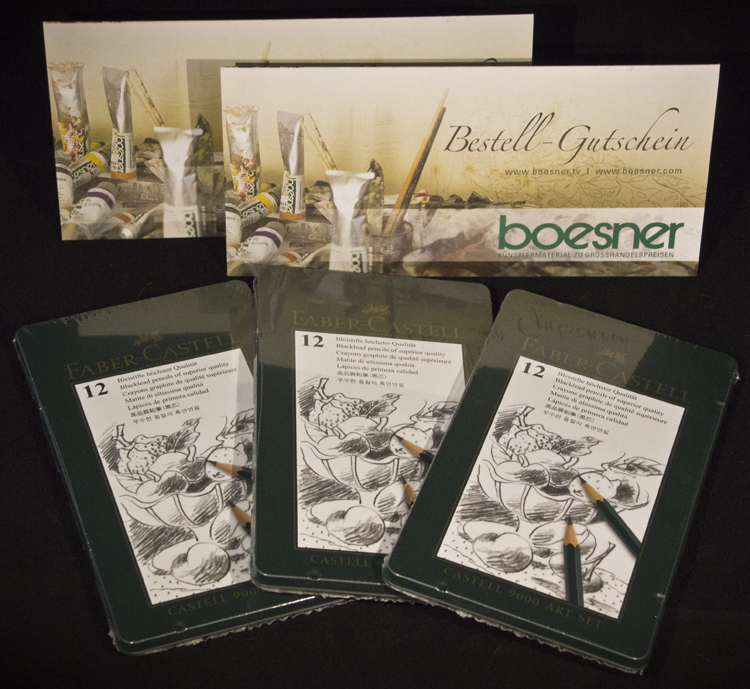 2 Boesner Warengutscheine und 3 Faber-Castell Bleistifte-Metalletuis