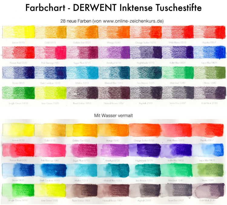 28 neue Inktense Farben: Farbchart ausgemalt