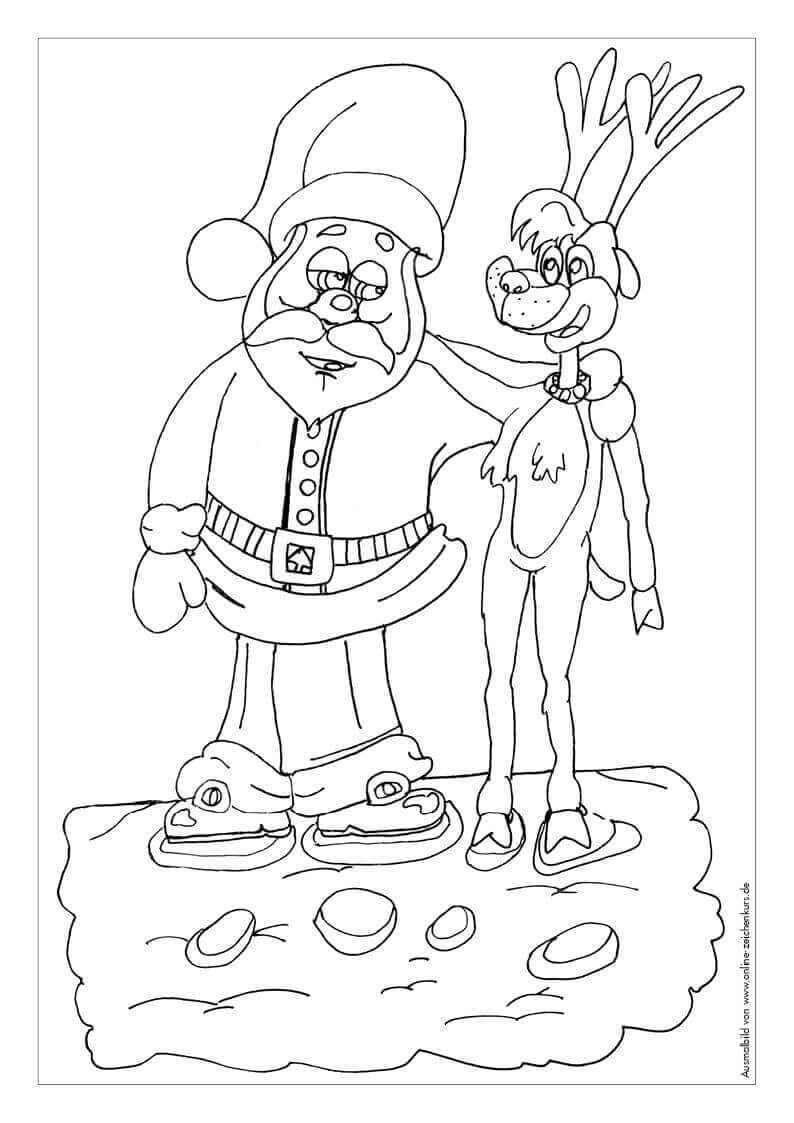 Ausmalbild: Weihnachtsmann und Rentier