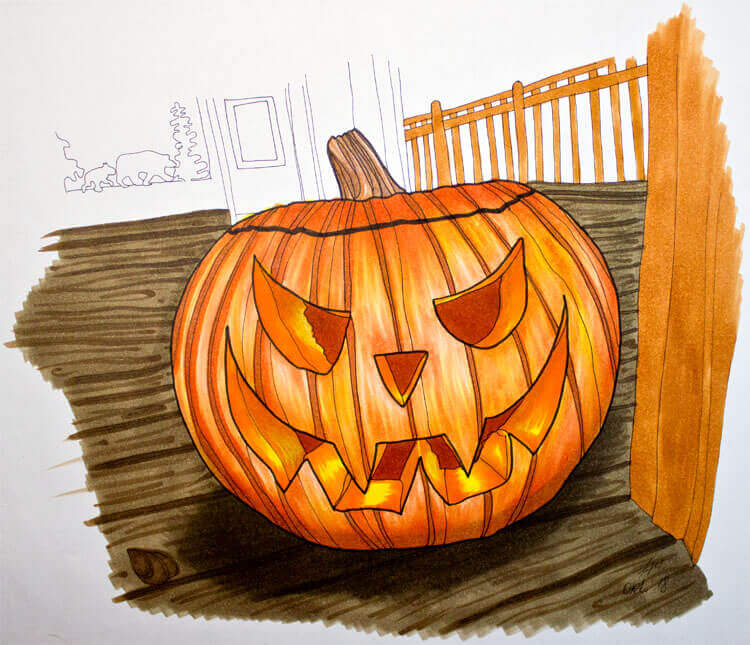 Halloween Kürbis malen mit Markern - Schritt 11