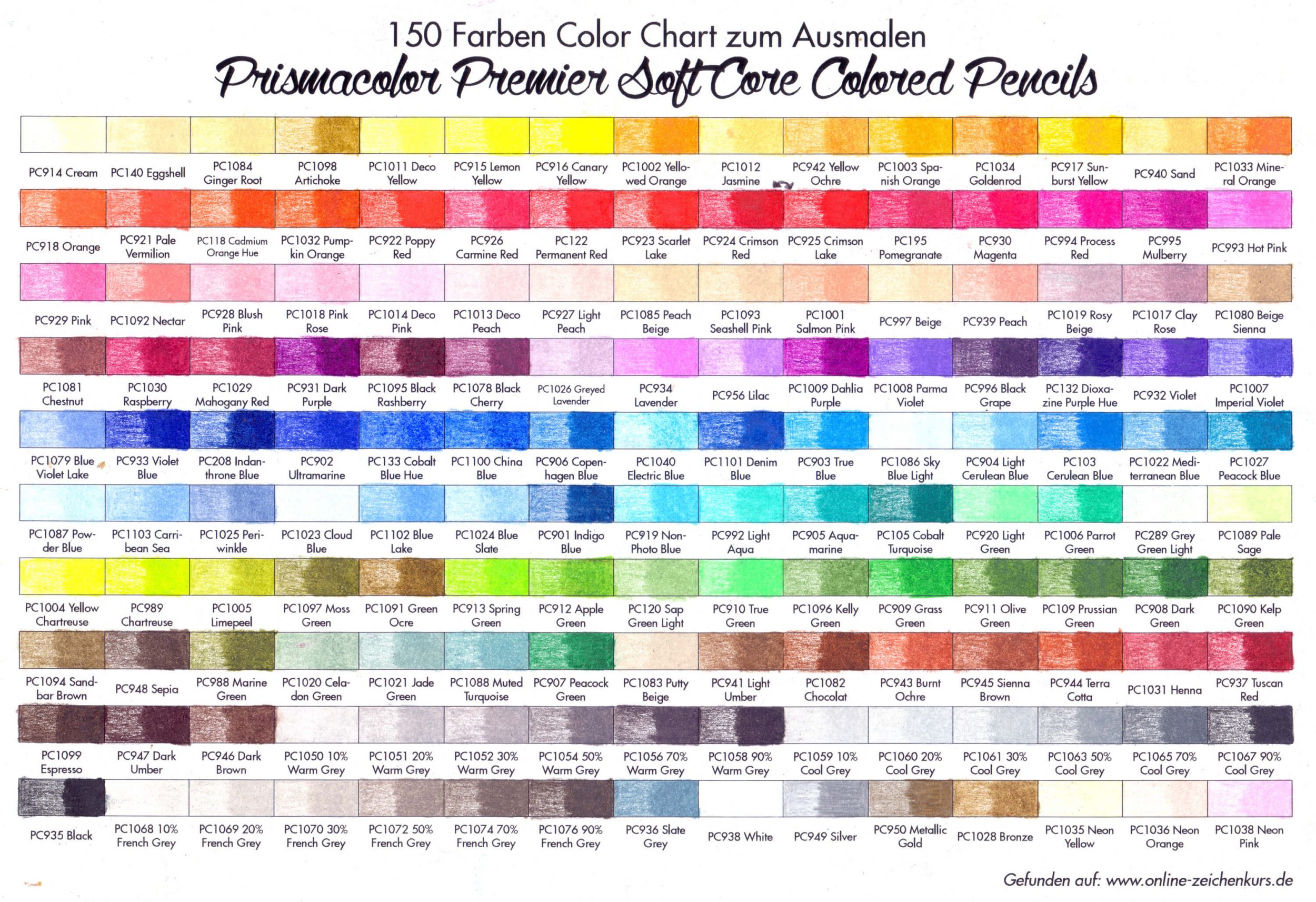 Prismacolor Color Chart ausgemalt alle 150 Farben