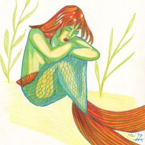 Meerjungfrau hockt Buntstiftkolorierung fertige Zeichnung