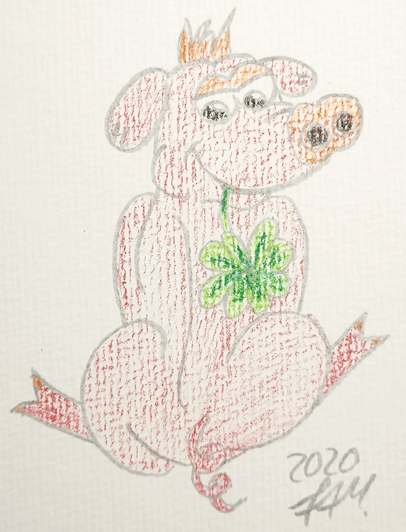 Glücksschweinchen zeichnen - Buntstiftkolorierung
