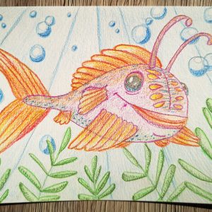 Comicfisch zeichnen: Aquarellbuntstiftkolorierung fertig