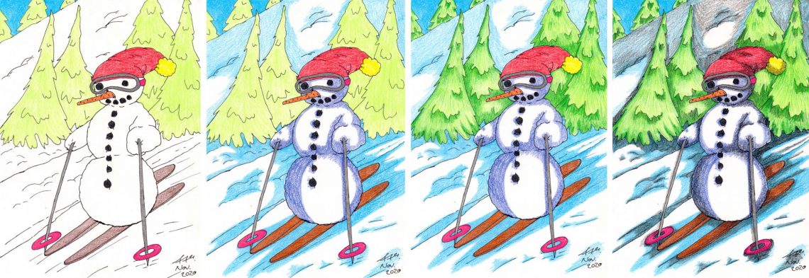 Schneemann malen auf Skiern