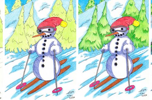 Schneemann malen auf Skiern