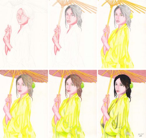 Asiatin mit Schirm zeichnen