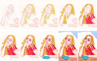 Portrait zeichnen: Kaugummi Mädel - Buntstiftkolorierung einzelne Schritte