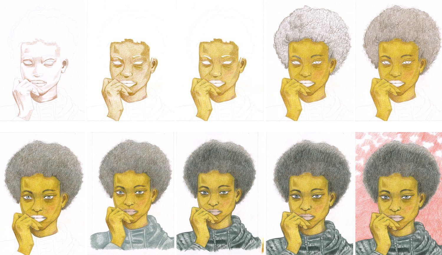 Portrait einer Frau zeichnen: Buntstiftkolorierung einzelne Schritte