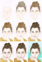 Nachdenkliches Mädel Portrait zeichnen Buntstiftkolorierung Schritte