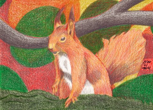 Eichhörnchen auf Ast zeichnen mit Black Widow Buntstift