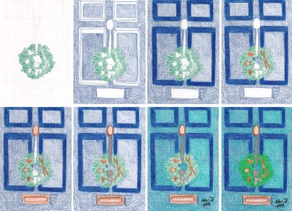 Advent Kranz an Tür zeichnen Schritt-für Schritt Buntstiftkolorierung