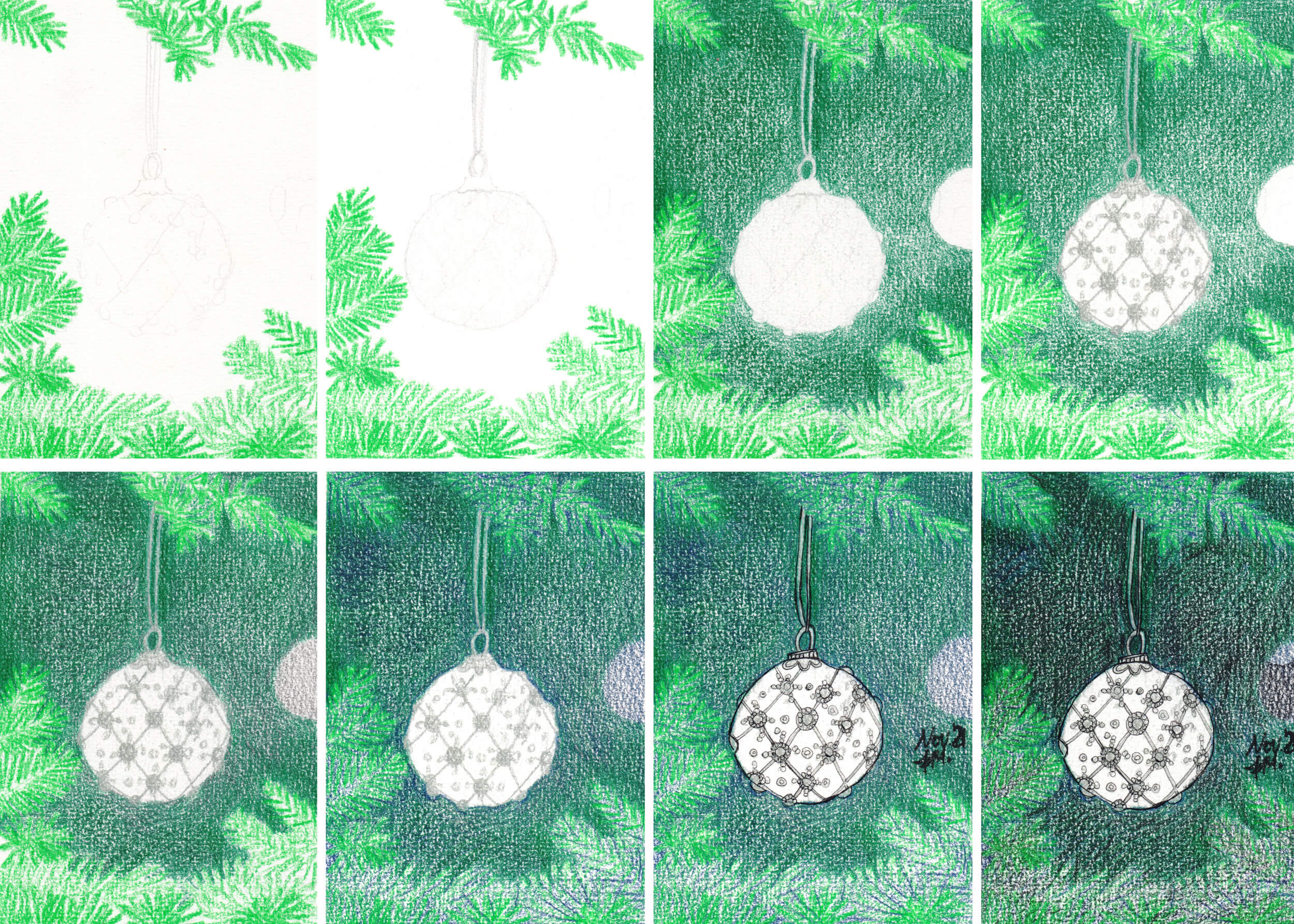 Advent: Kugel an Weihnachtsbaum zeichnen und malen mit Buntstift