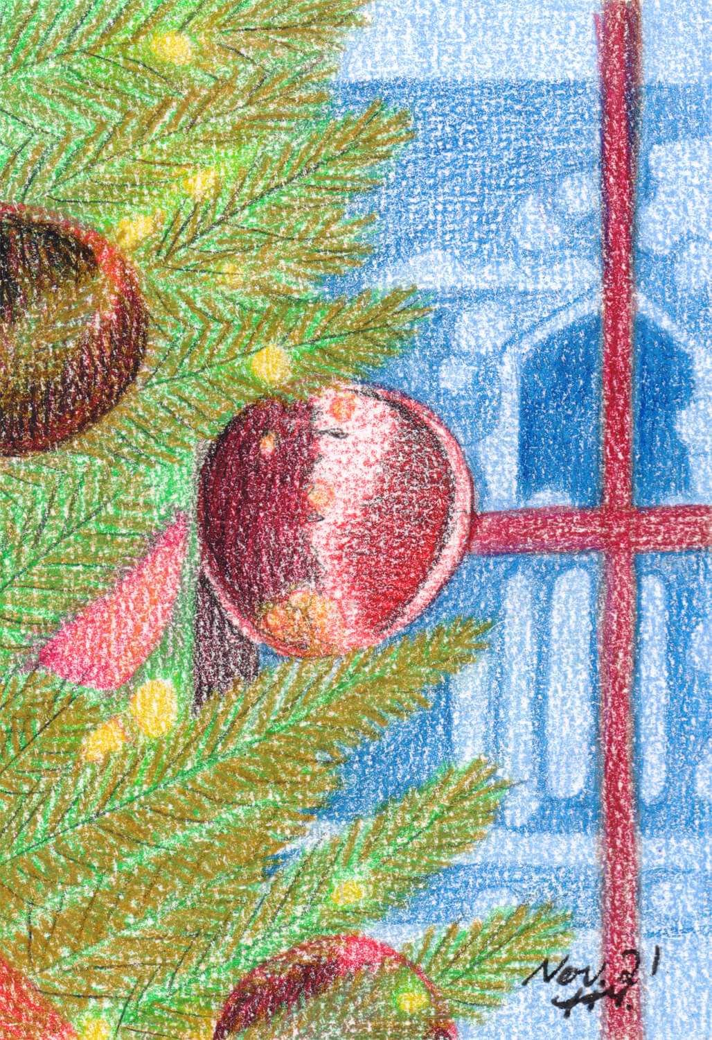 Advent Weihnachtsbaum am Fenster fertige Buntstiftzeichnung