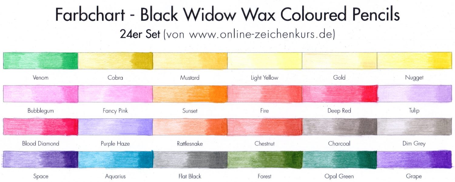 Farbchart 24er Set: Black Widow wax coloured pencils ausgefüllt
