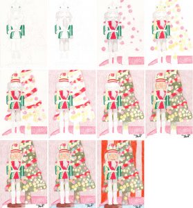 Advent Nussknacker vor Weihnachtsbaum Schritt für Schritt Buntstiftkolorierung