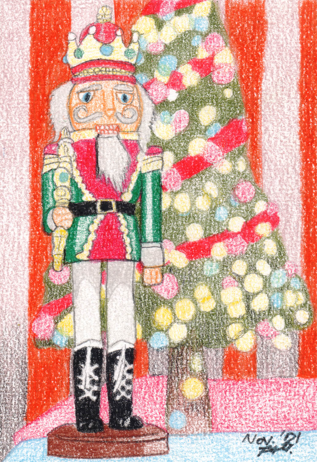 Advent Nussknacker vor Weihnachtsbaum fertige Buntstiftkolorierung