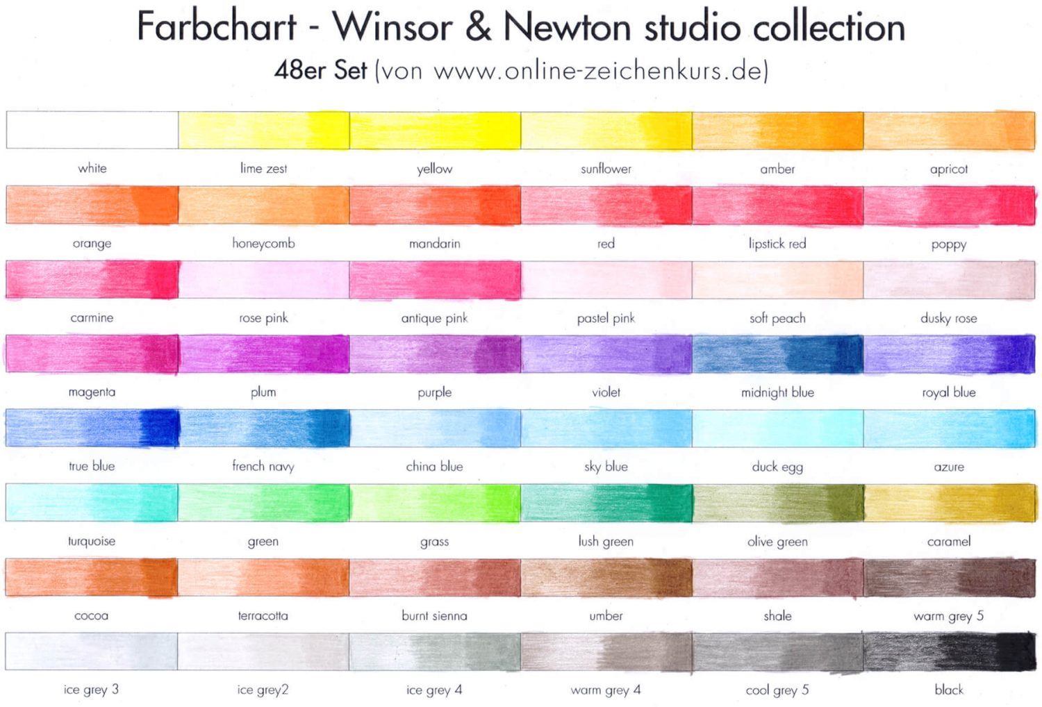 Farbchart 48 set Winsor & Newton studio collection coloured pencils ausgefüllt