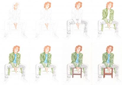 Junger Mann sitzt breitbeinig Buntstiftkolorierung in einzelnen Schritten