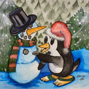 Pinguin baut Schneemann: fertiges-Aquarell