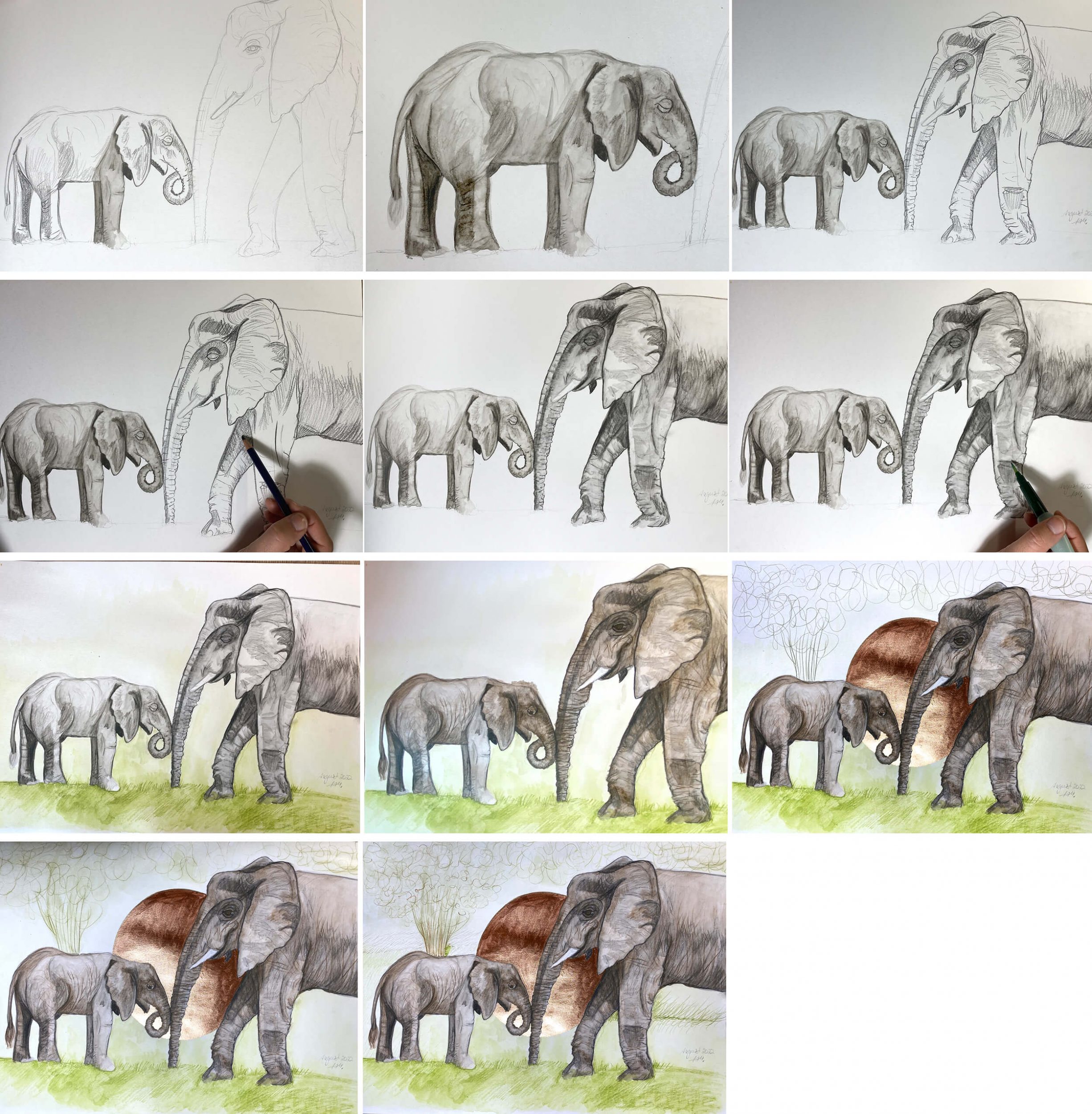 Baby und Mama Elefant Aquarellmalerei Schritte