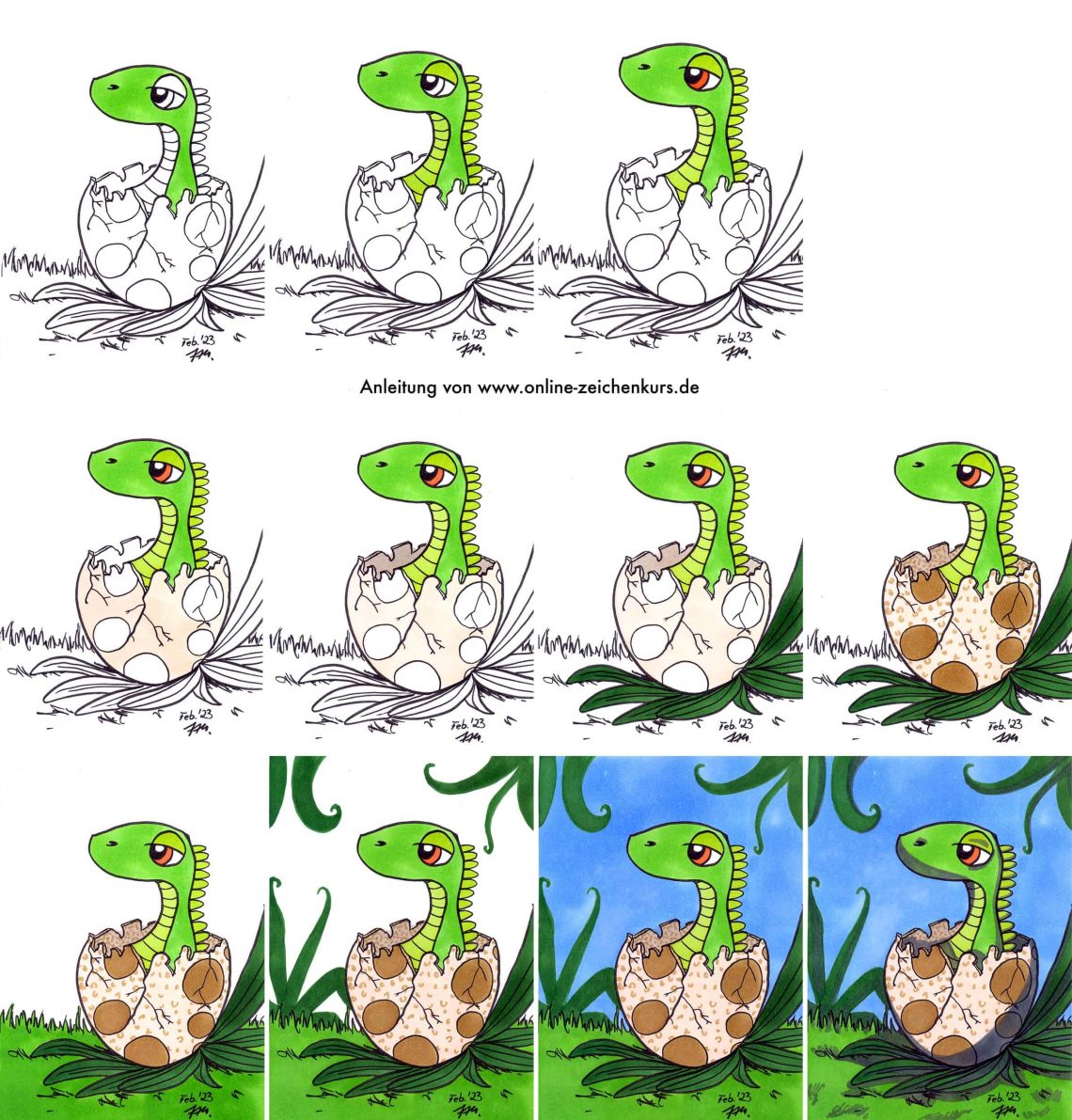 Dinosaurier Baby im Ei mit Markern malen Schritt für Schritt