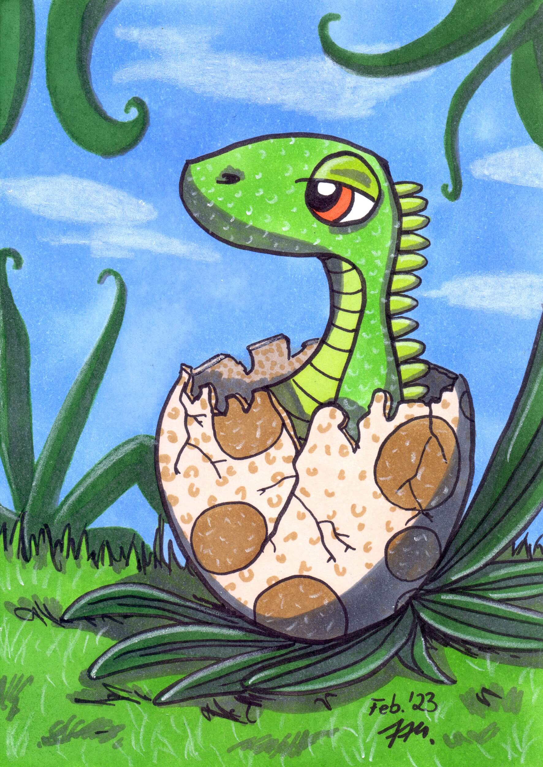 Dinobaby malen mit Ohuhu Markern: Dinosaurier Baby im Ei malen - Fertige Kolorierung