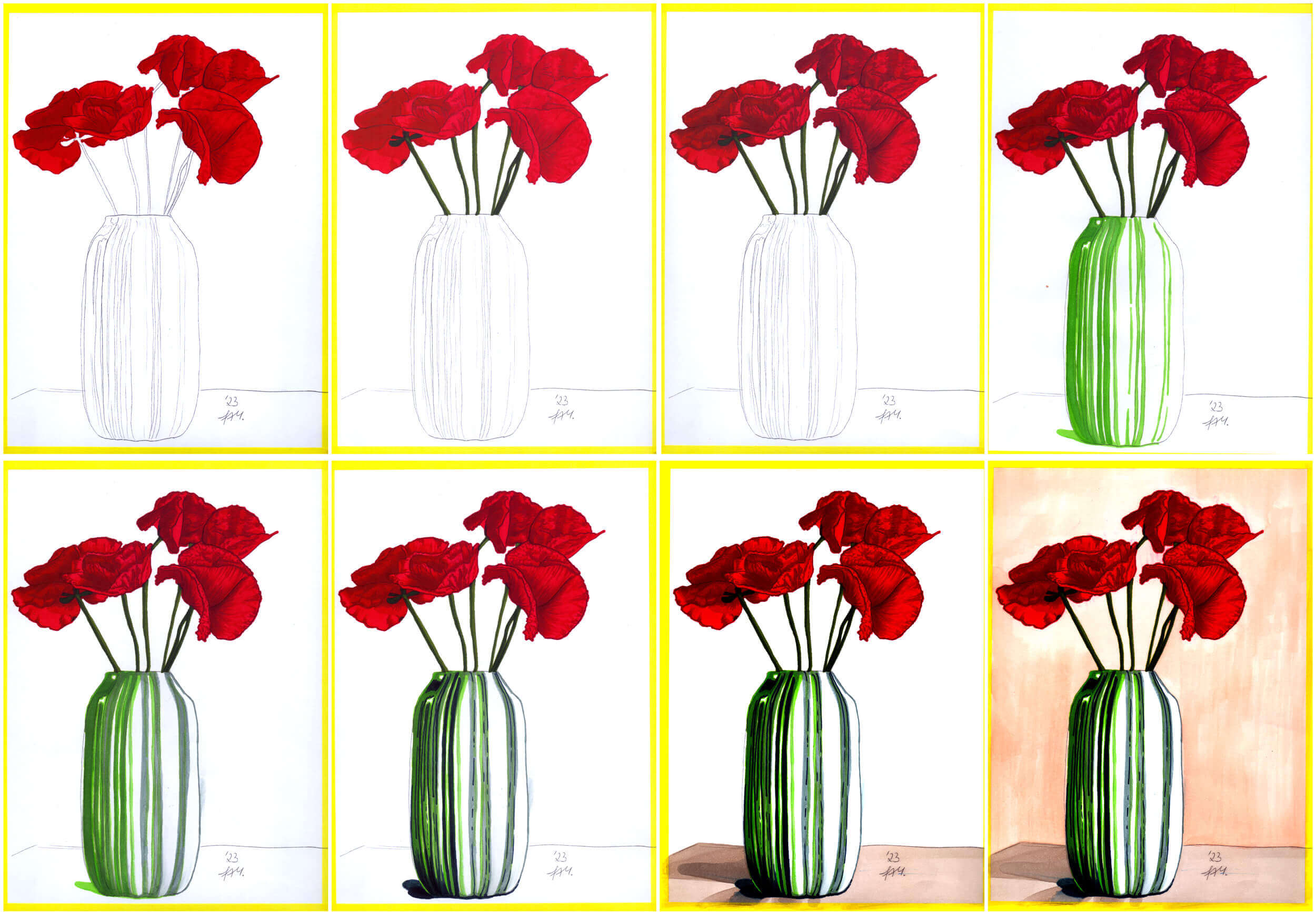 Mohnblumen in Vase: Kolorierung Schritt für Schritt