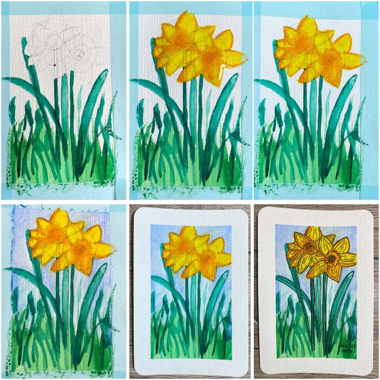 Osterglocke zeichnen – Gelbe Narzisse auf Postkarte