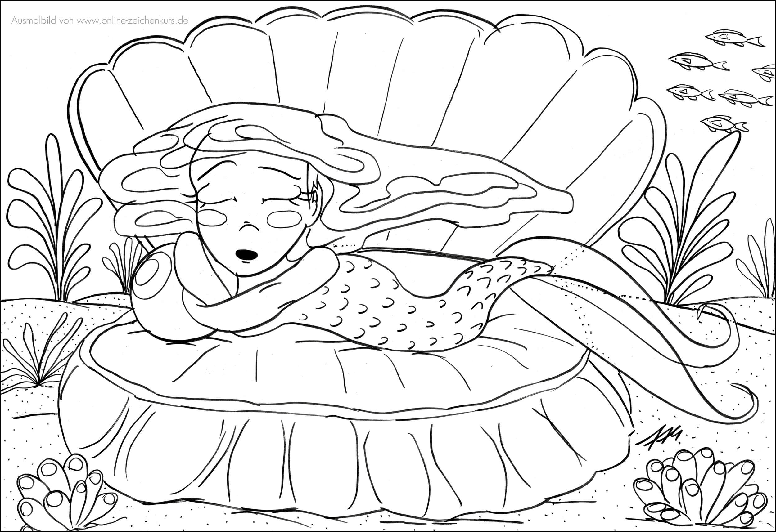 Ausmalbild: Meerjungfrau schläft in Muschel
