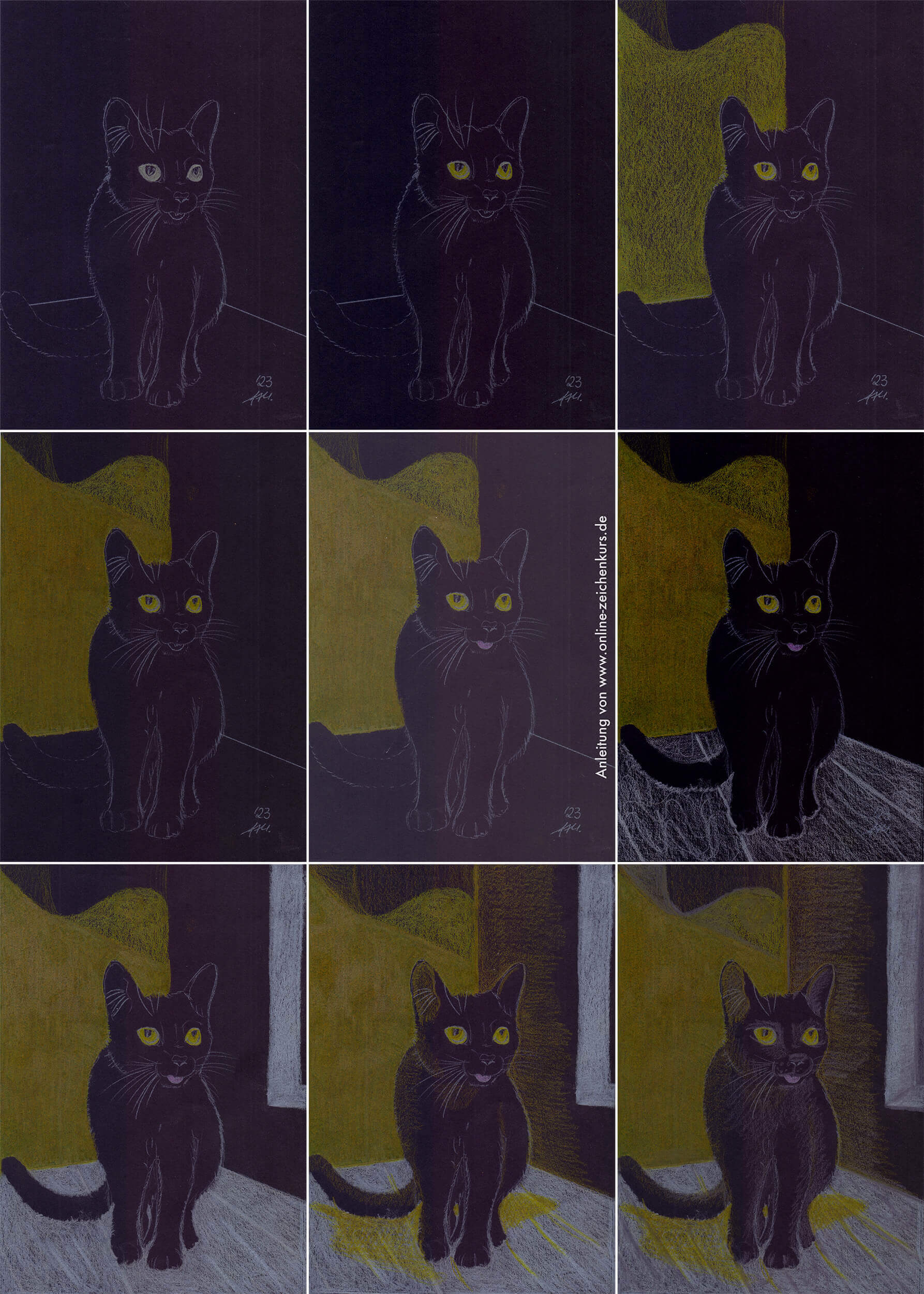 Katze auf Schwarz - Buntstiftkolorierung