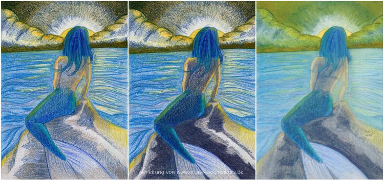 Meerjungfrau auf Felsen zeichnen mit Chromaflow Buntstiften