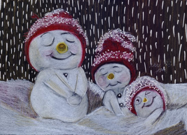 Schneemänner auf Schwarz zeichnen mit Coloursoft Buntstiften