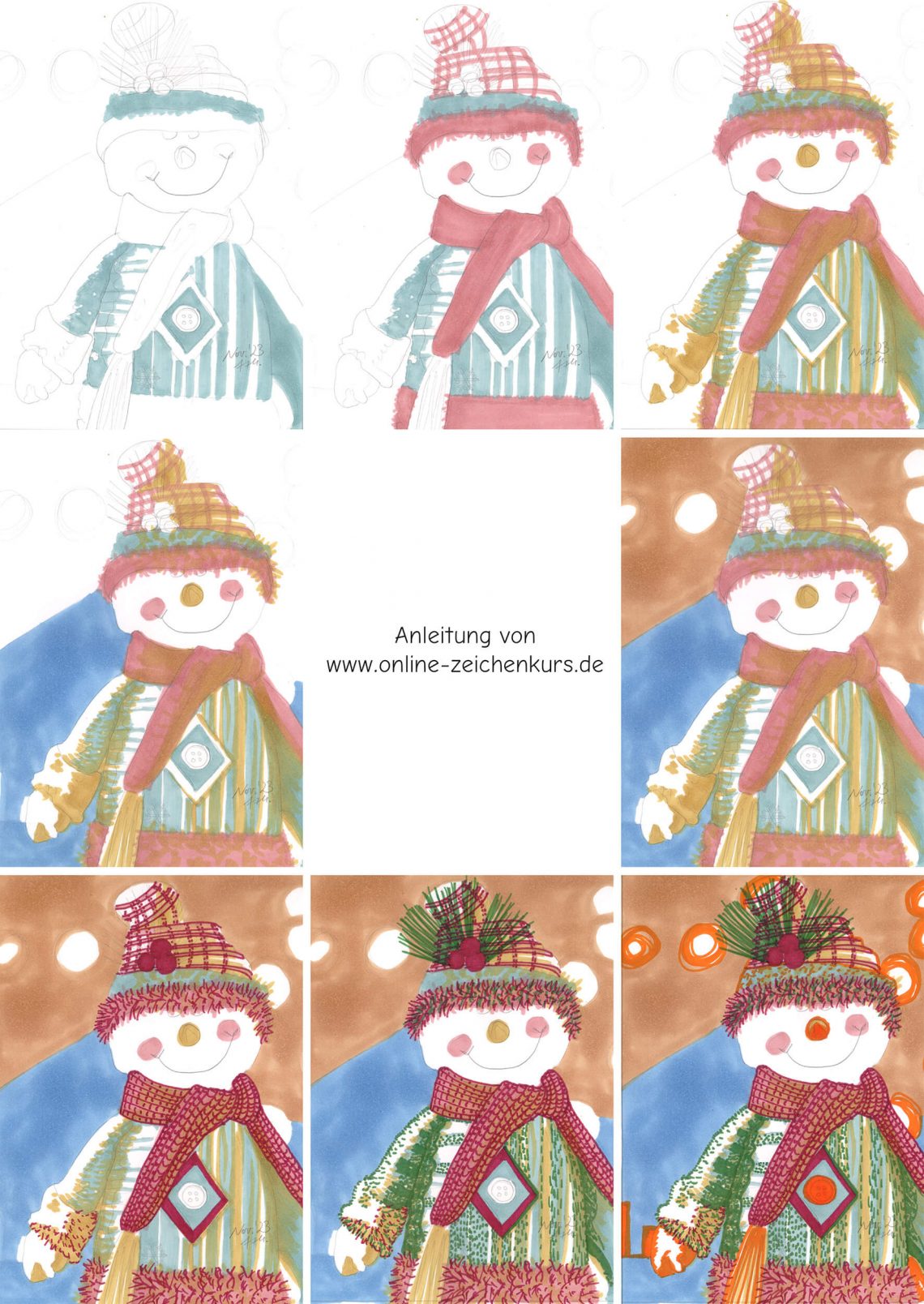 Weihnachtskarte Schneemann Markerkolorierung Schritt für Schritt