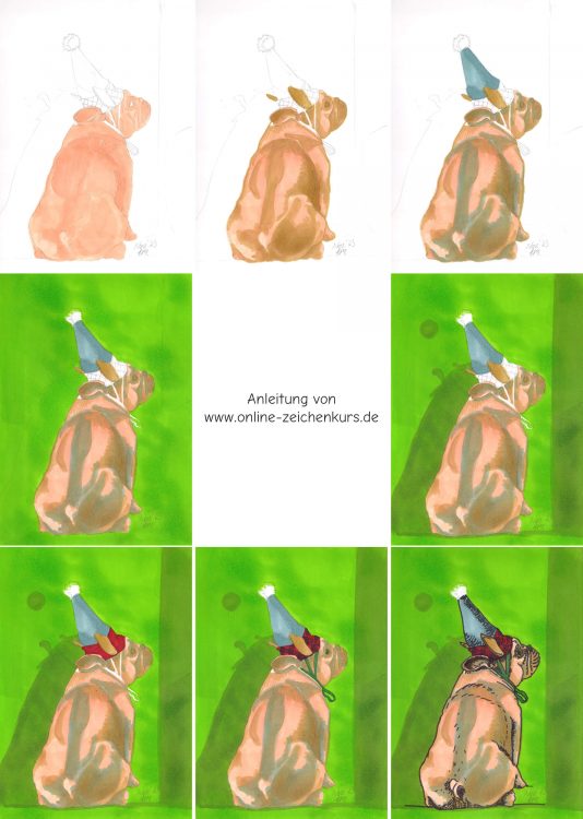 Weihnachtskarte mit Hund malen – Markerkolorierung