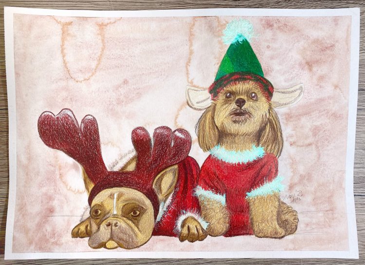 Weihnachtshunde zeichnen Mixed media mit Lightfast Buntstiften