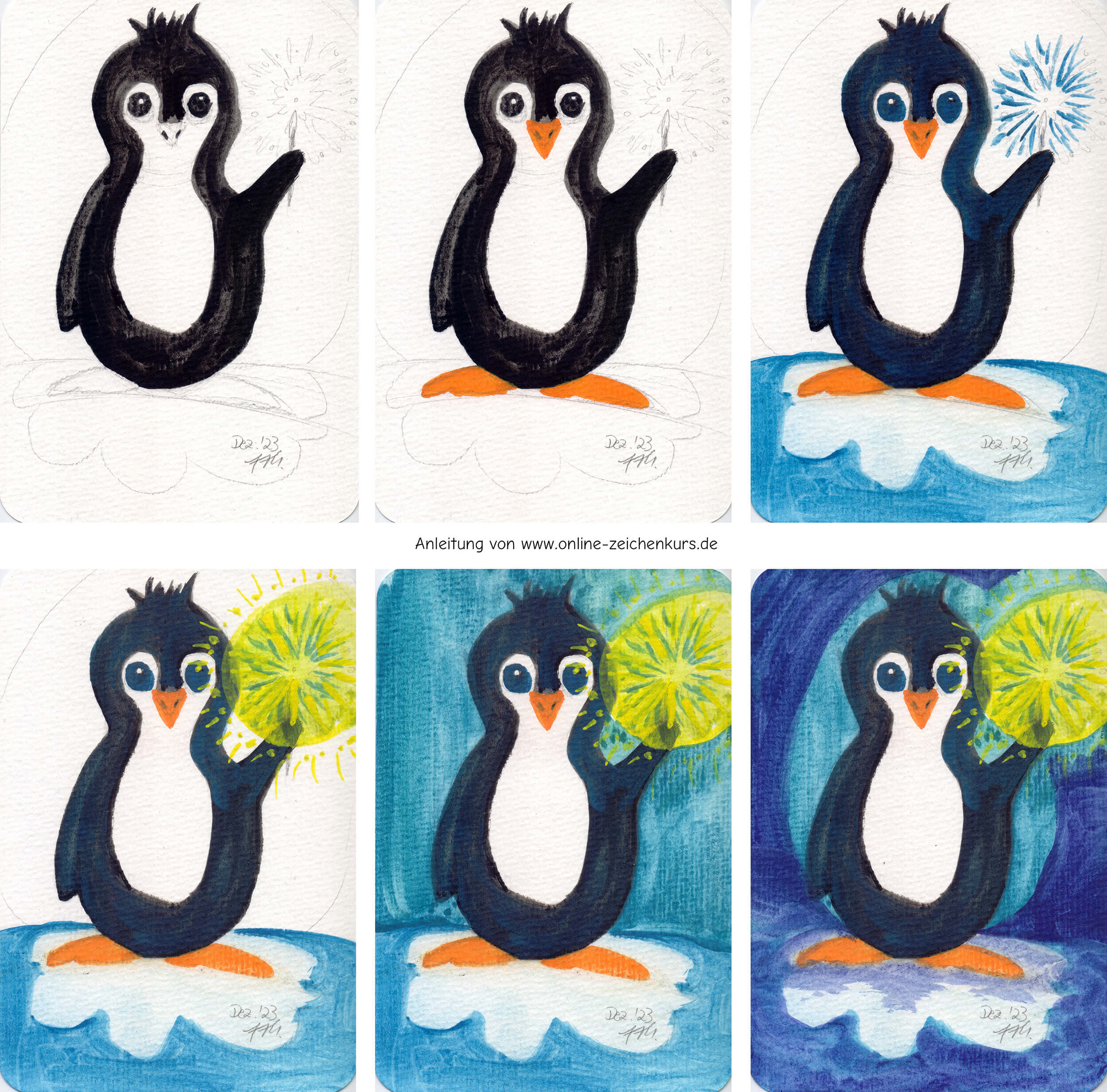 Pinguin zeichnen Silvester - Kolorierung Schritt für Schritt