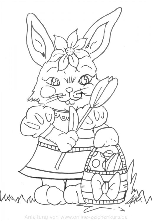 Ausmalbild zu Ostern: Osterhase mit Korb und Tulpe