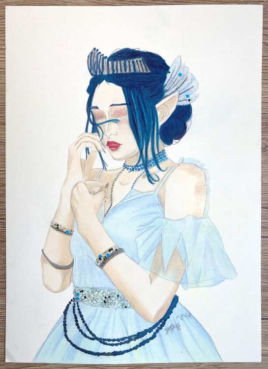 Nachdenkliche Elfe zeichnen – Buntstiftkolorierung