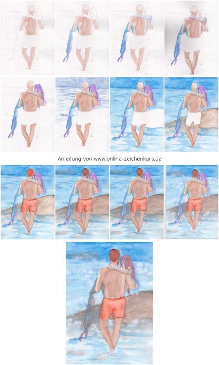 Mann trägt Meerjungfrau zeichnen mit Progresso Aquarellbuntstiften