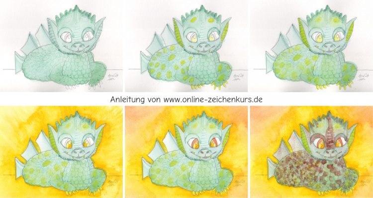 Kleinen Drachen zeichnen mit Progresso Aquarellbuntstiften