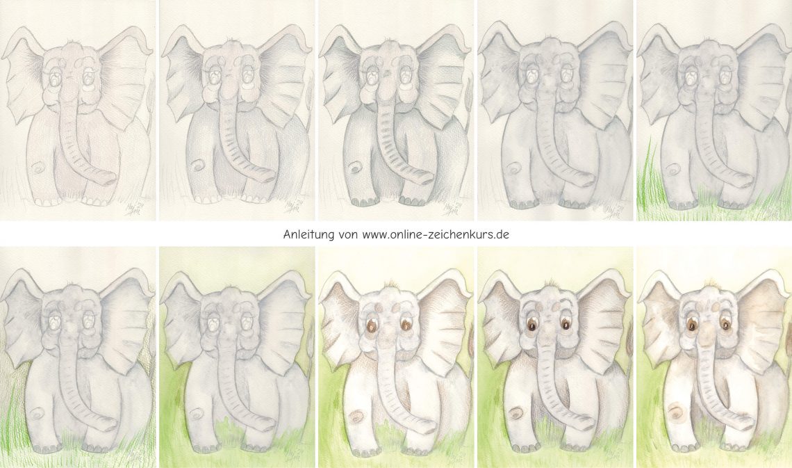 Comic Elefant Aquarellkolorierung Schritt für Schritt