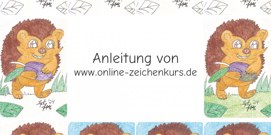 Schrittweise Darstellung der Kolorierung eines Igels mit Pflaume, von der Skizze bis zum fertigen Bild.
