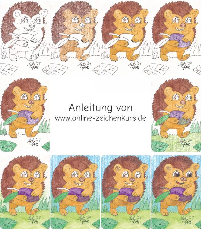 Aquarellpostkarte Igel mit Pflaume