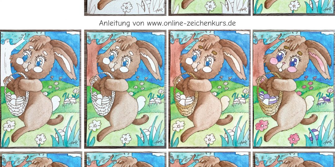 Schrittweise Kolorierung eines Osterhasen mit Ostereierkorb: Eine Anleitung für Kinder und Anfänger.