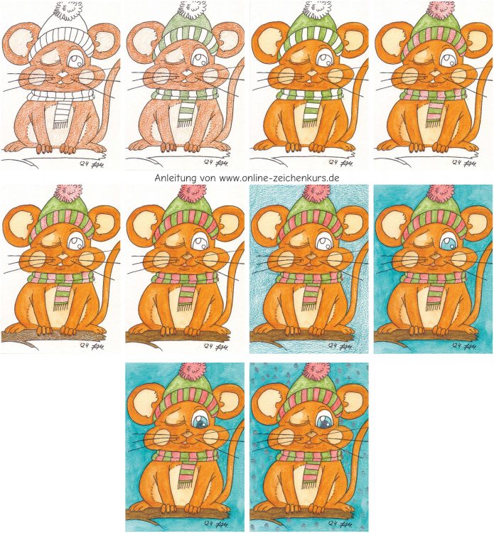 Postkarte zwinkernde Maus mit Aquarellbuntstiften