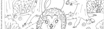 Rennender Comic-Igel mit einem Apfel auf dem Rücken in einem Obstgarten voller Früchte und Tiere.