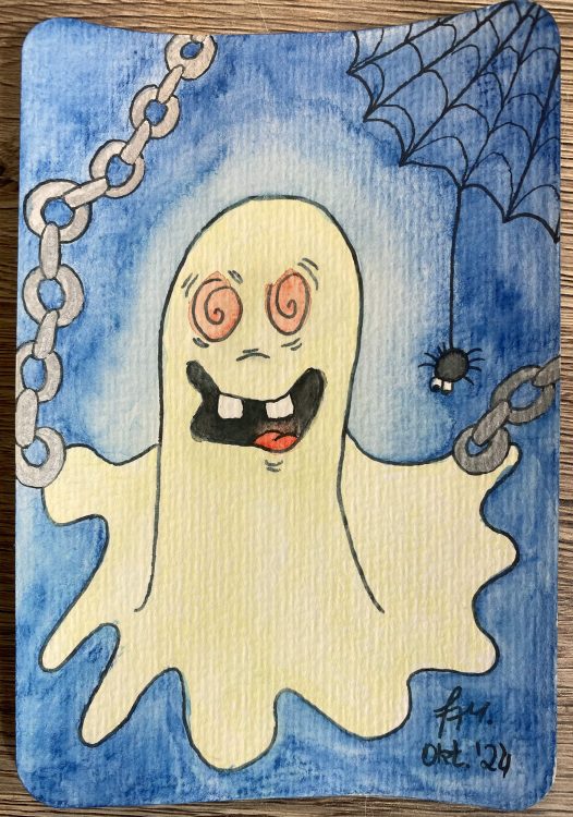 Postkarte grusel Geist mit Aquarellbuntstiften