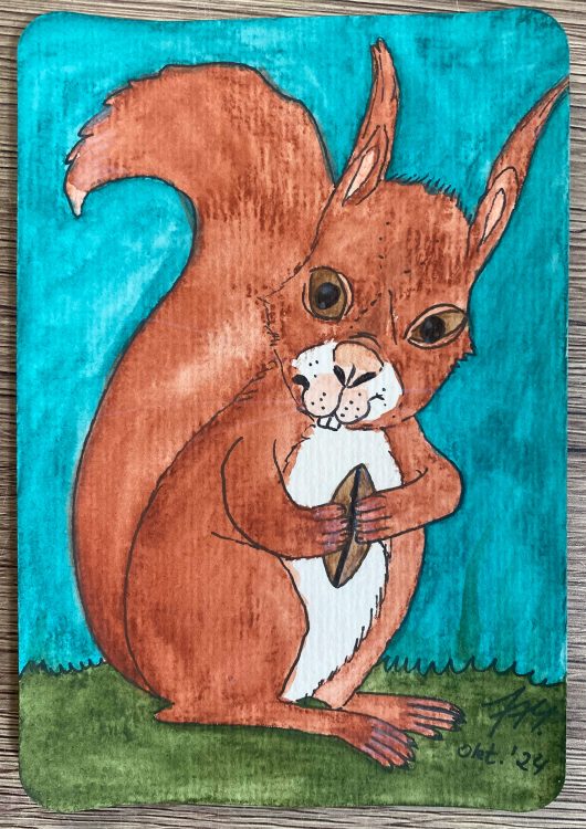 Eichhörnchen Postkarte mit Aquarellbuntstiften