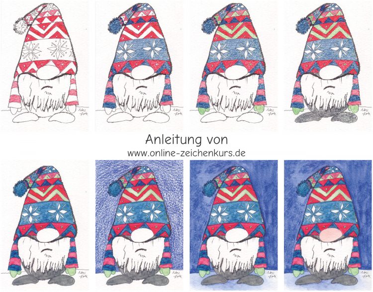 Weihnachtswichtel Postkarte mit Aquarellbuntstiften